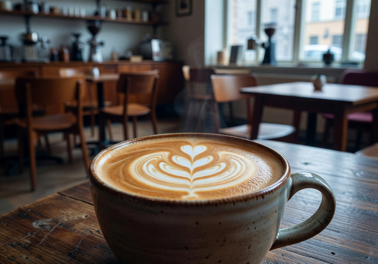 Artisan latte art in a ceramic cup at Fuglen Oslo café