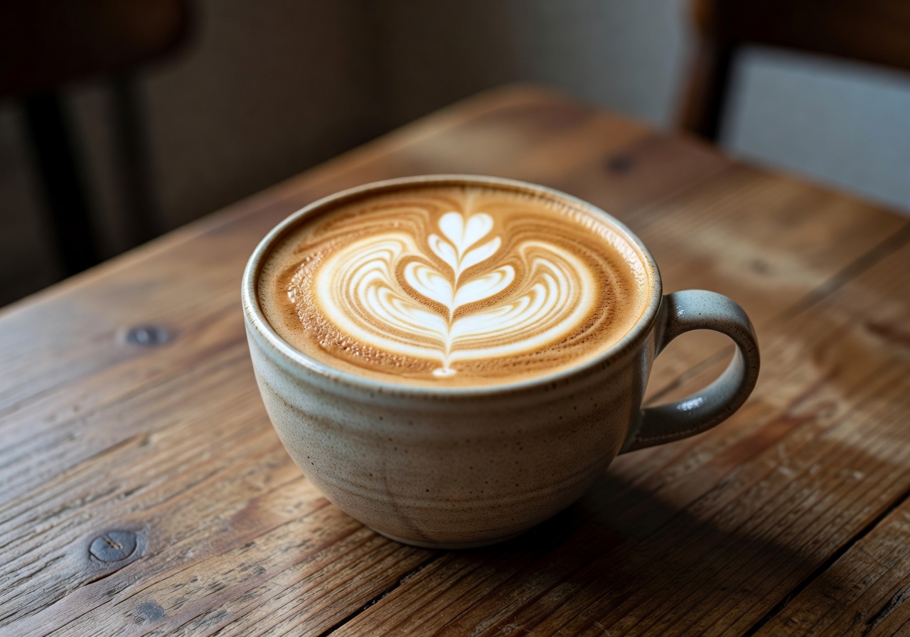 Artisan latte with beautiful foam art in a ceramic cup on a wooden table