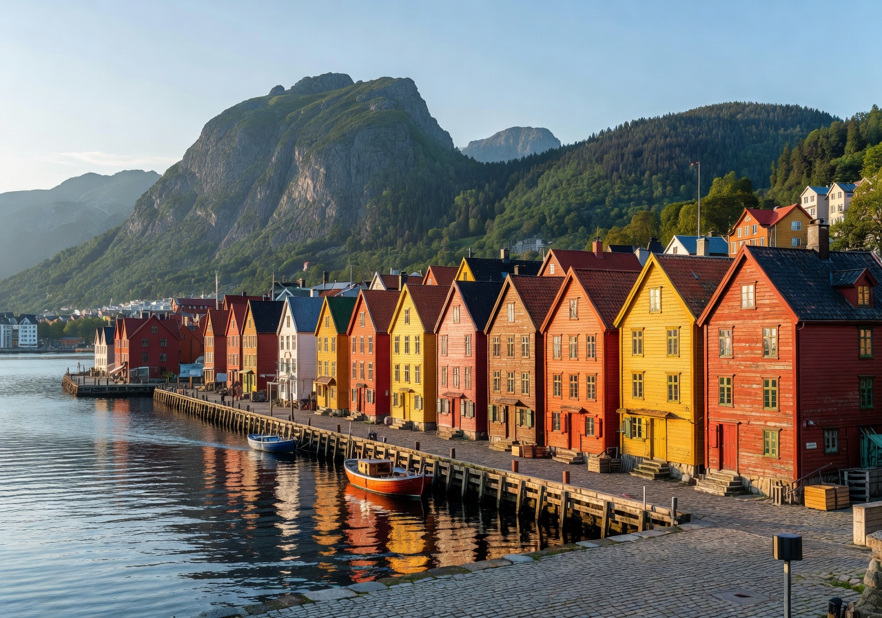 Bergen Bryggen wharf colorful wooden buildings and harbor with mountain backdrop