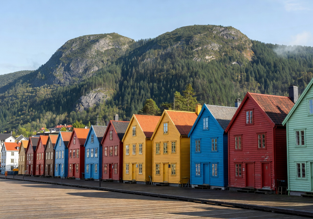 Bergen colorful wooden houses at Bryggen wharf with mountains and harbor in the background