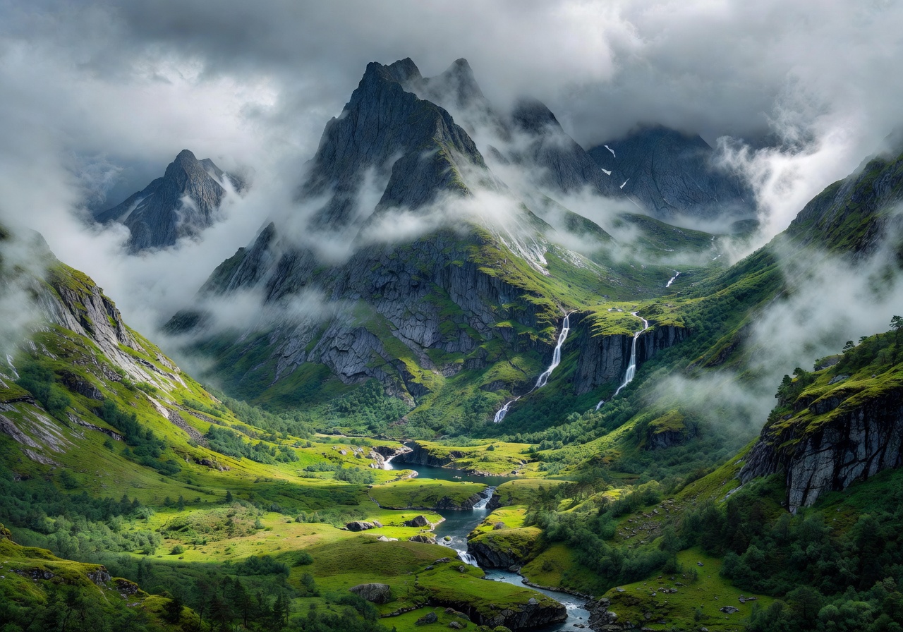 Dramatic Norwegian mountain landscape with misty peaks and green valleys