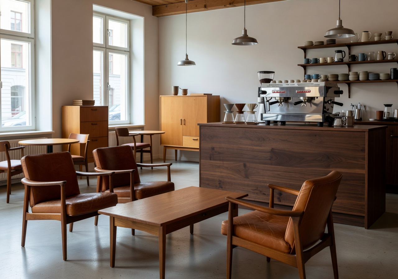 Fuglen Oslo café interior with vintage mid-century furniture and warm ambient lighting