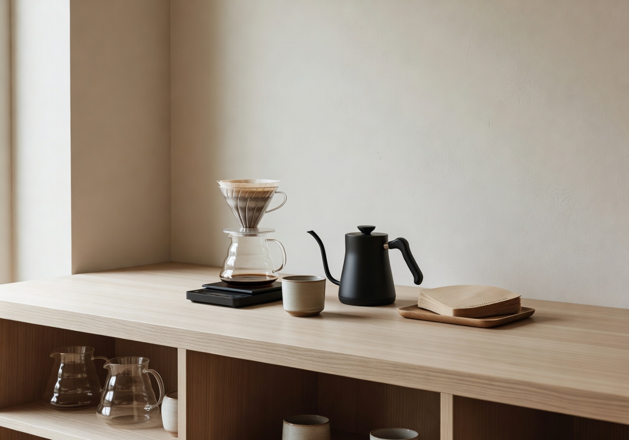 Kaffemisjonen Bergen cozy minimalist café with warm lighting and artisan coffee cups