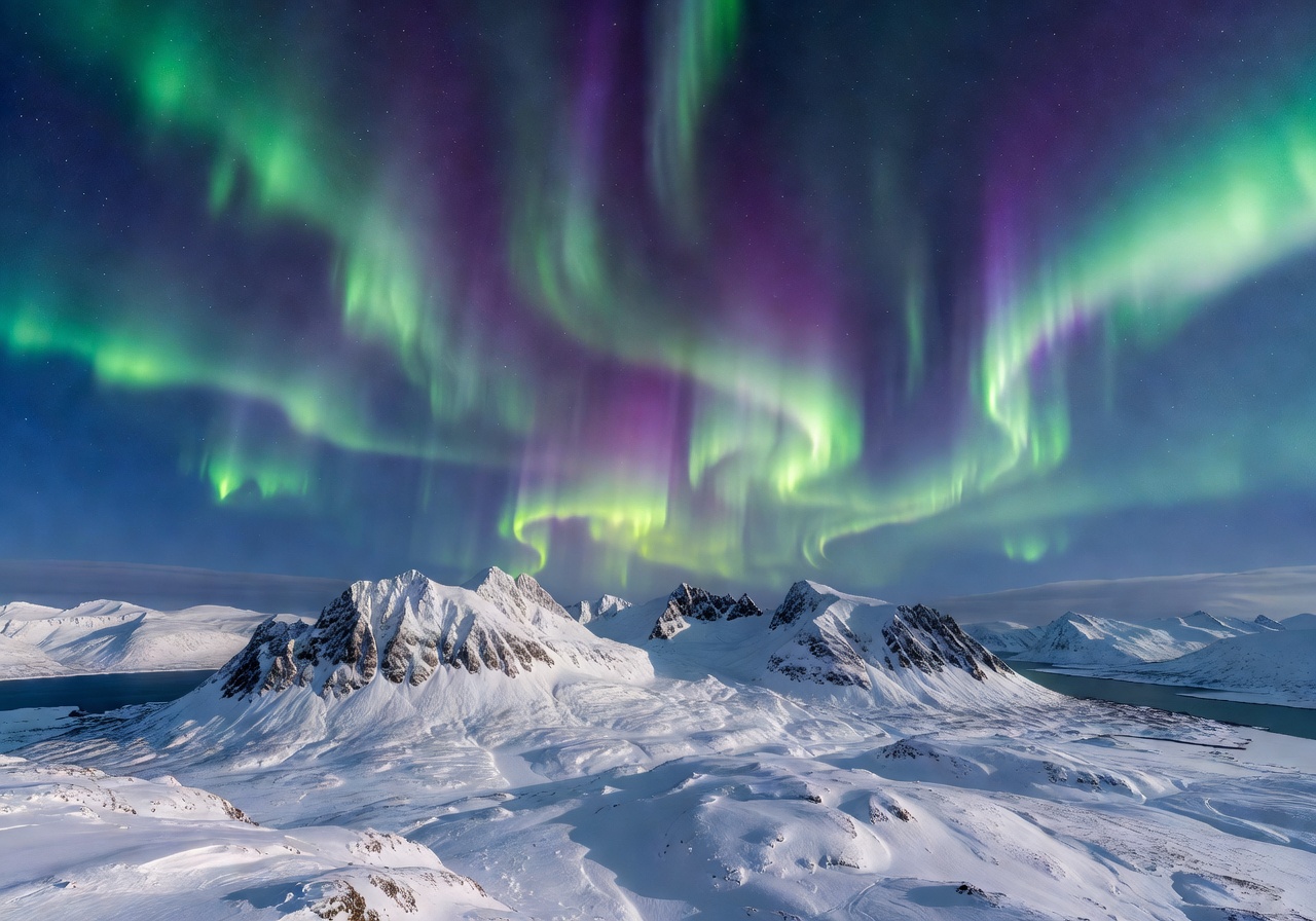 Northern lights dancing across the Arctic sky above Tromsø mountains and snow