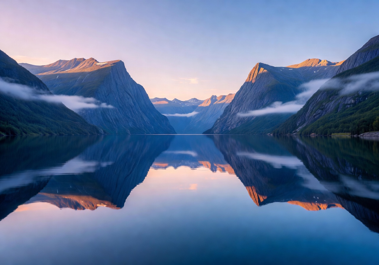 Norwegian fjord landscape with calm blue water reflecting mountains at dawn