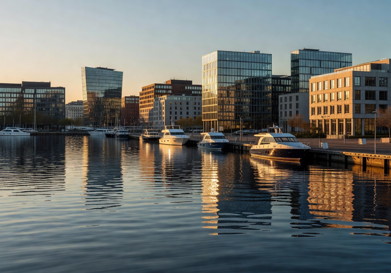 Oslo city harbour at golden hour with boats and modern architecture reflected in water