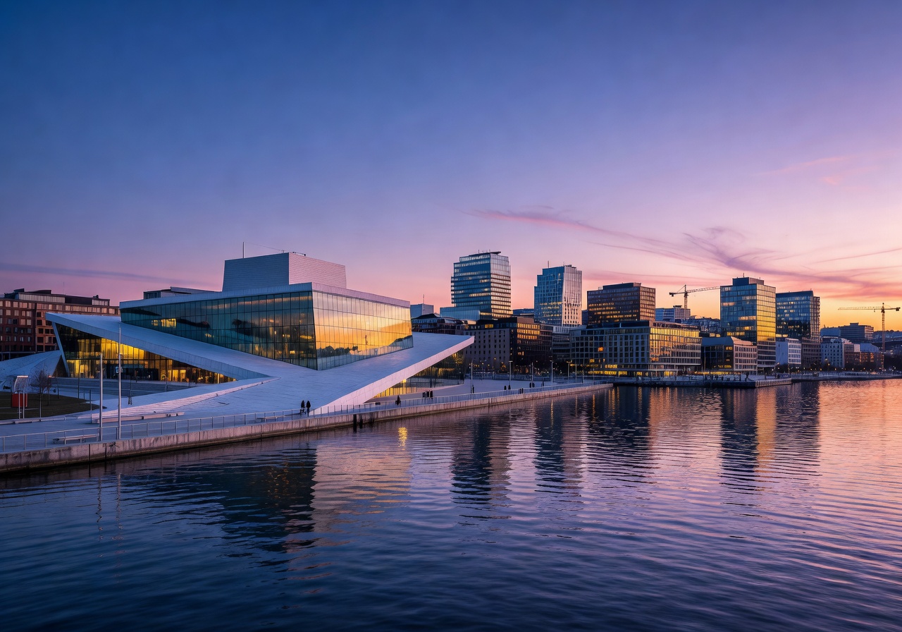 Oslo city skyline at sunset with harbor and modern architecture reflecting in calm waters