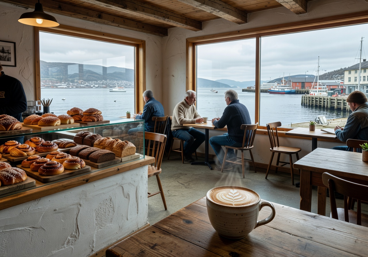Risø mat and kaffebar coastal café with harbor views and artisan coffee on a wooden table