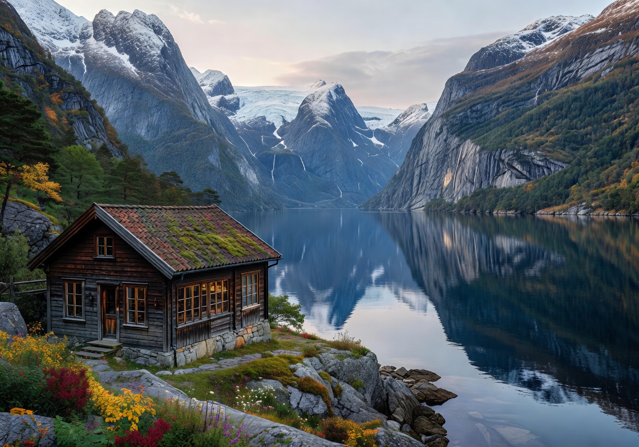 Scenic Norwegian fjord café with mountain views and calm water reflections