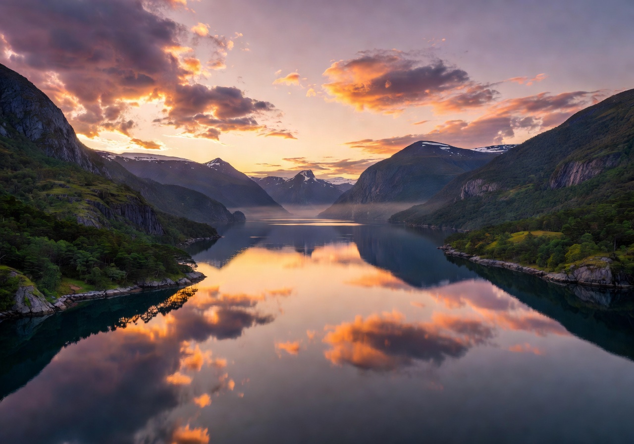 Scenic Norwegian fjord landscape at sunset with calm reflective water and distant mountains