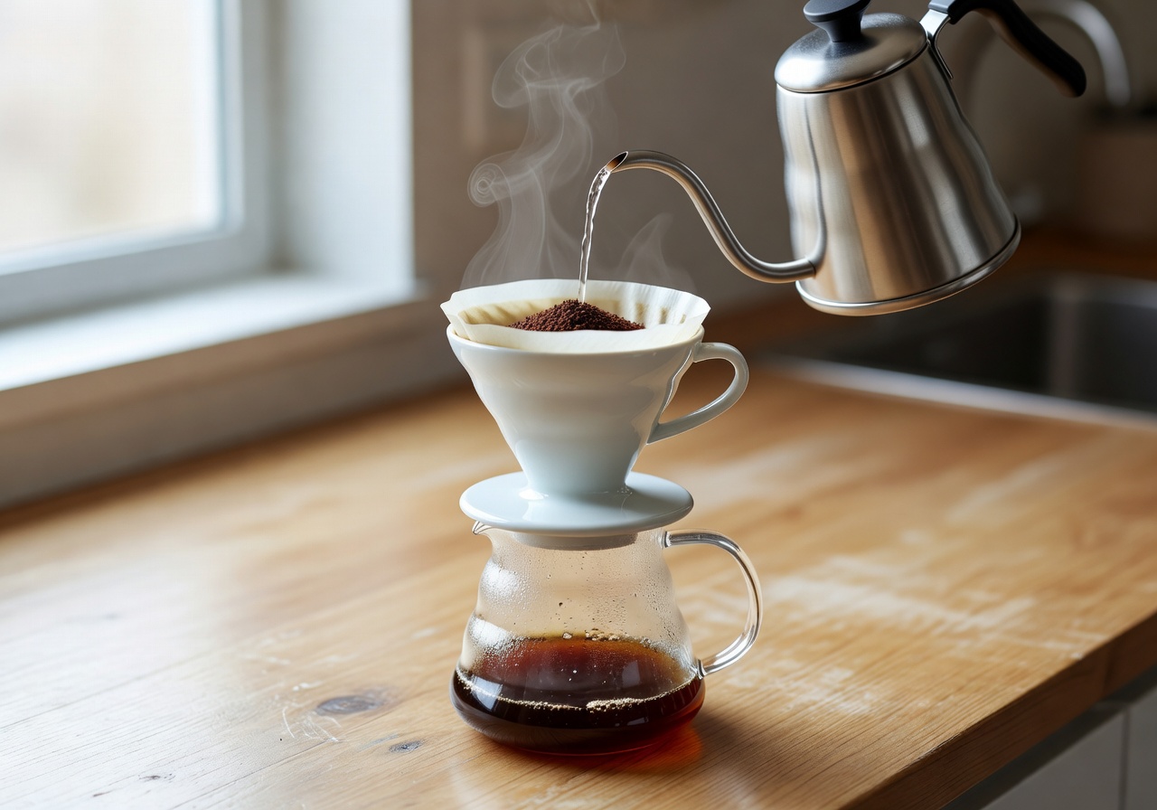 Specialty coffee pour-over preparation with gooseneck kettle and glass server