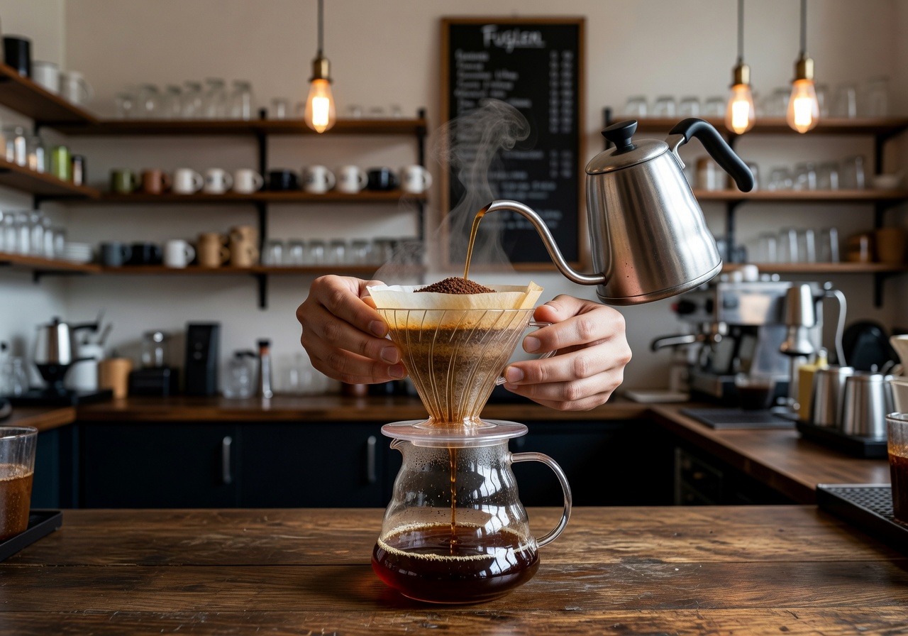 Specialty pour-over coffee being prepared at Fuglen Oslo coffee bar