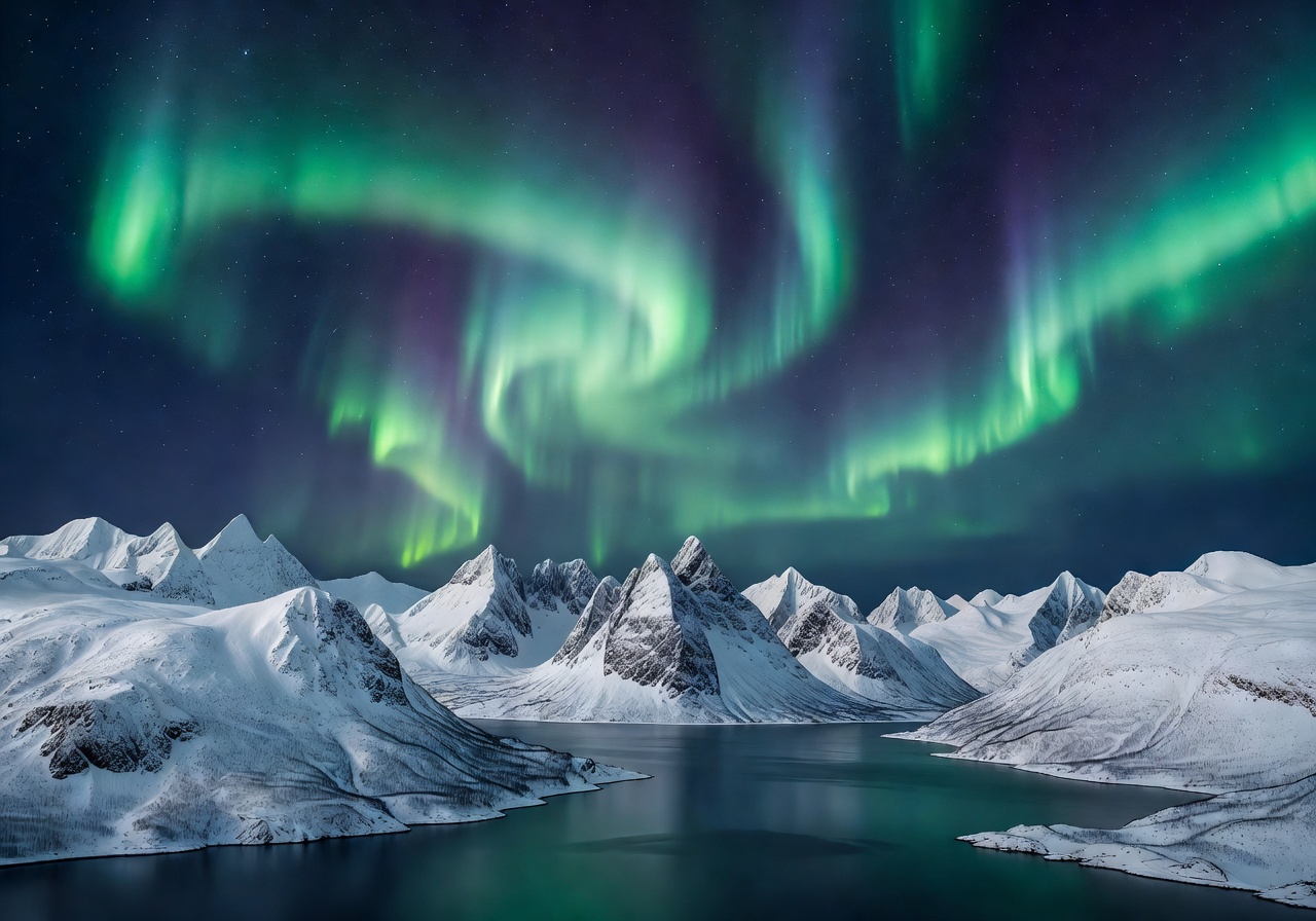 Tromsø Arctic cityscape with northern lights dancing above snow-capped mountains
